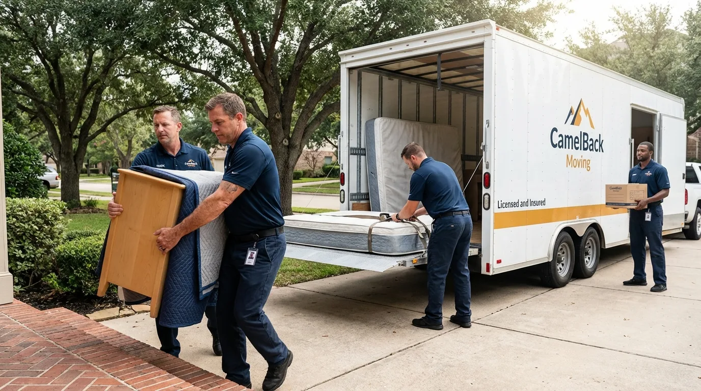 Crew loading residential truck for cross-state move from Falmouth, ME