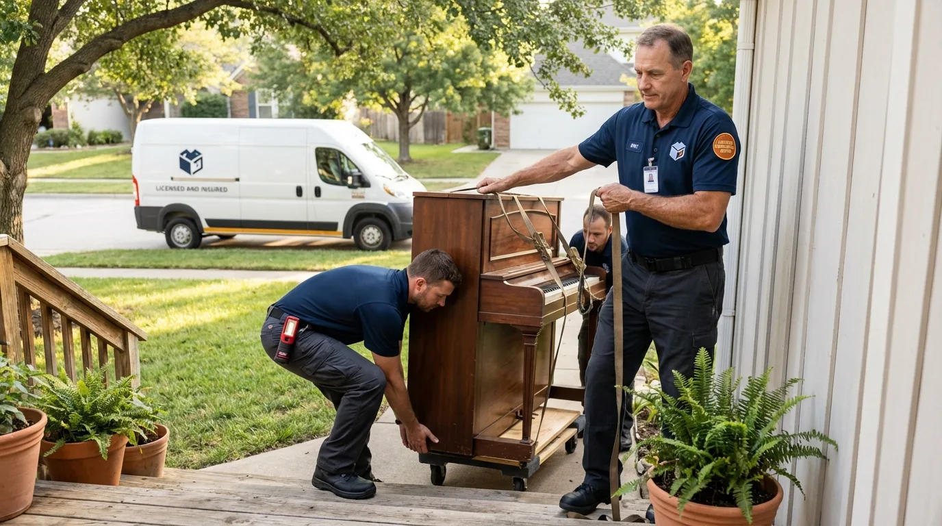 Licensed piano movers securing grand piano in Falmouth, ME