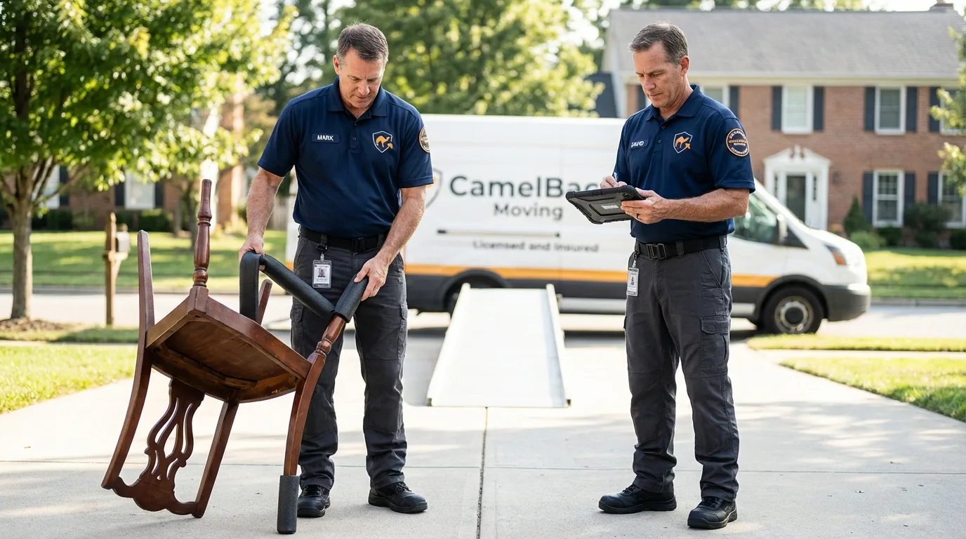 Movers inspecting furniture for damage prevention before loading in Falmouth, ME