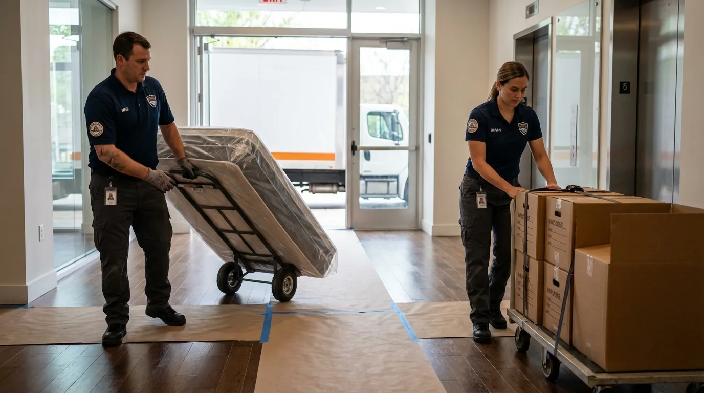 Professional apartment movers loading elevator in Falmouth, ME