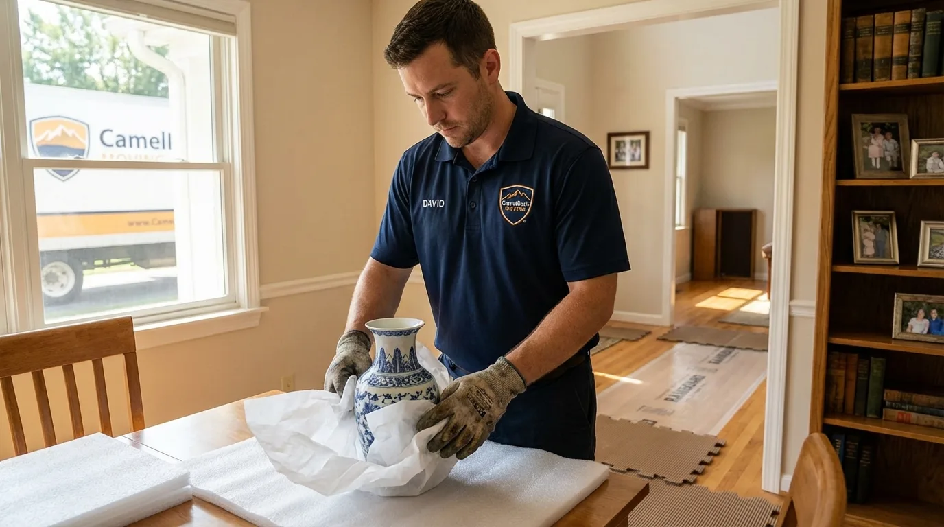 Professional crew carefully wrapping antique vase for senior downsizing move in Falmouth, ME